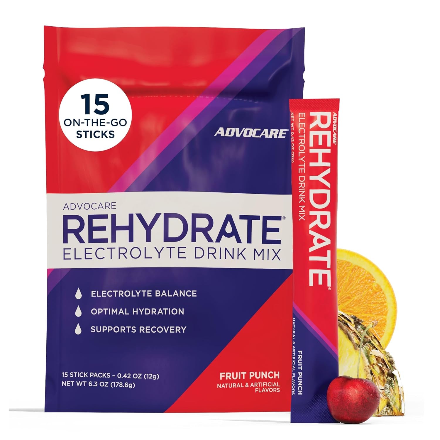 Rehydrate Electrolyte Drink Mix, Fruit Punch, 15 Sticks | Contains Magnesium, Sodium, Potassium & Calcium, Antioxidant and Amino Acid Fortified Powder for Hydration and Recovery