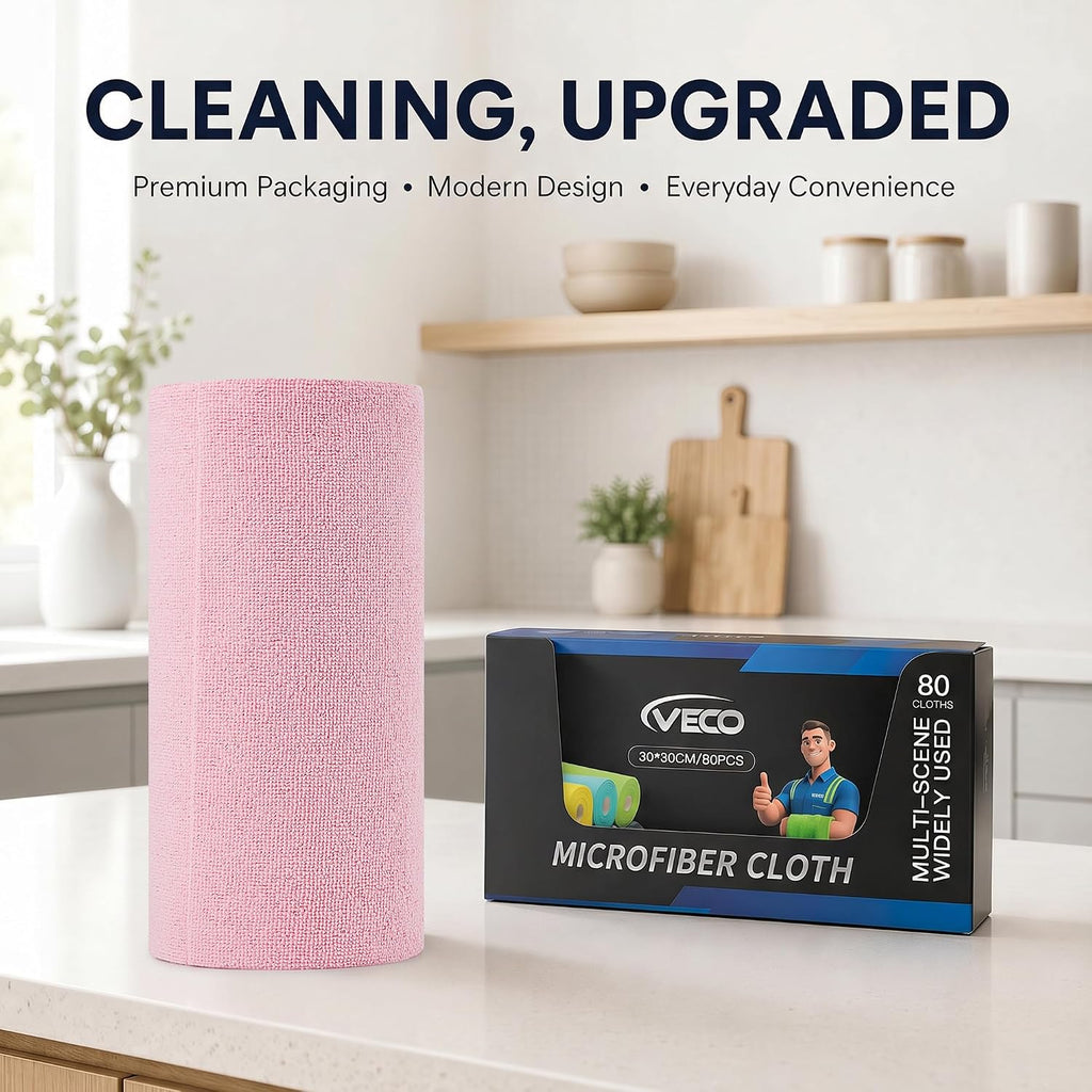 Microfiber Cleaning Cloth Roll 80 PCS, 12" X 12" | Lint-Free, Streak-Free, Tear Away Reusable Microfiber Towels, Cleaning Rags for Kitchen, Car & Home, Pink