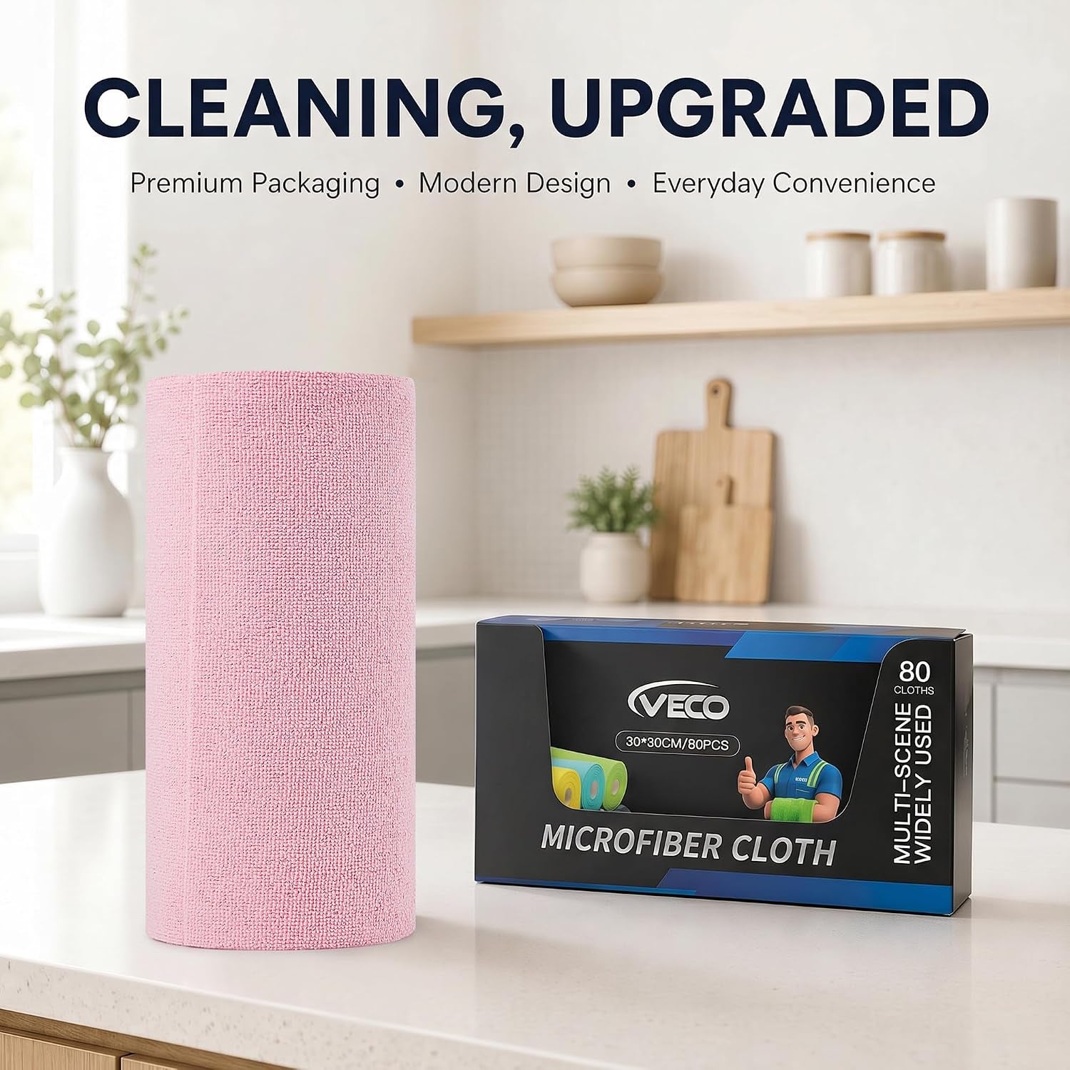 Microfiber Cleaning Cloth Roll 80 PCS, 12" X 12" | Lint-Free, Streak-Free, Tear Away Reusable Microfiber Towels, Cleaning Rags for Kitchen, Car & Home, Pink