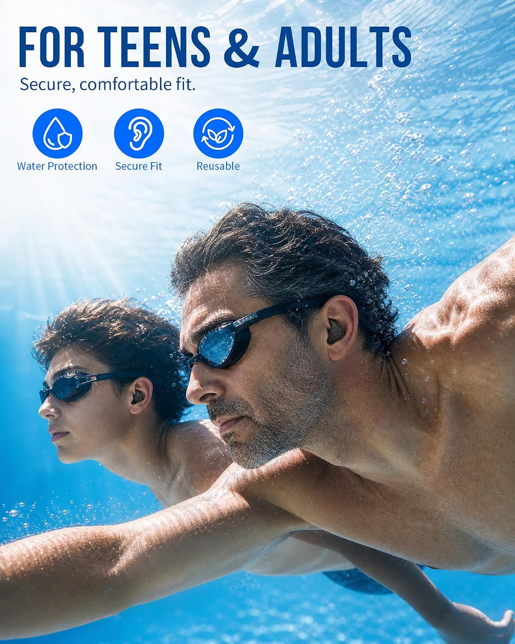 Swimming Ear Plugs, Swim Earplugs 3 Pairs for Swimmer Surfing Water Sports | Waterproof Protection, Soft Silicone Comfort, Wave-Shaped Fin, Noise-Reducing Design for Teens & Adults