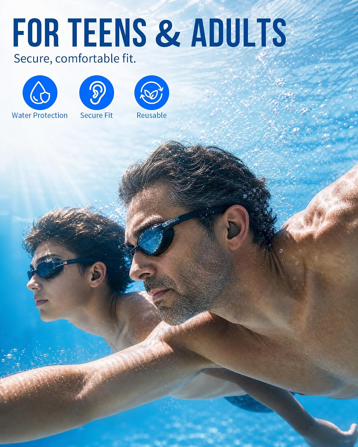 Swimming Ear Plugs, Swim Earplugs 3 Pairs for Swimmer Surfing Water Sports | Waterproof Protection, Soft Silicone Comfort, Wave-Shaped Fin, Noise-Reducing Design for Teens & Adults