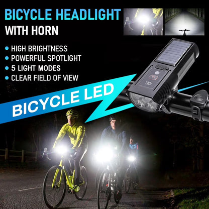 Solar Bike Lights, 3000LM Night Ultra Bright Bicycle Lights Headlight with Electric Bell, Rechargeable Bike Lights, Easy Install Waterproof