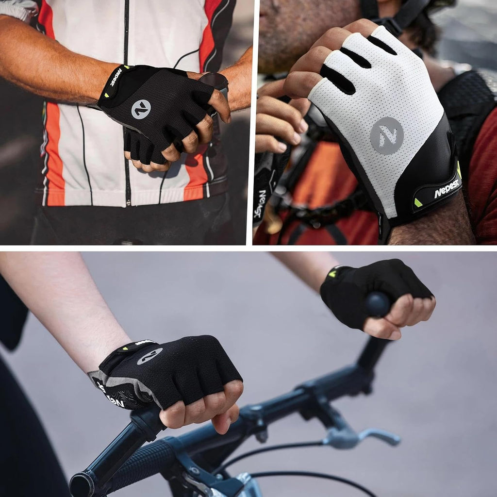 Road Cycling Gloves Gel Padded Absorbing Fingerless Breathable | Moisture-Wicking, Stretchy, Pull Tabs, Anti-Slip Grip, Adjustable Wrist Closure, Reflective, Gravel, MTB