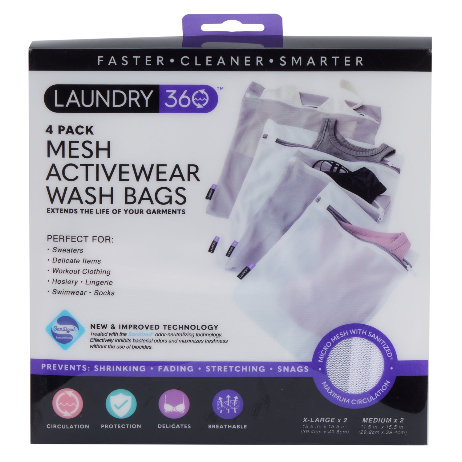 4 Pack Active Wear Wash Bag Set, 16" X 19" and 12" X 15", White, Grey