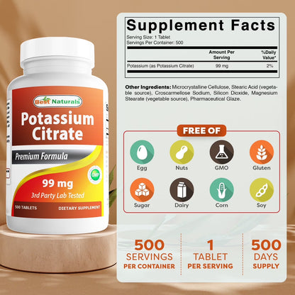 Potassium Citrate 99Mg 500 Tablets - 3Rd Party Lab Tested