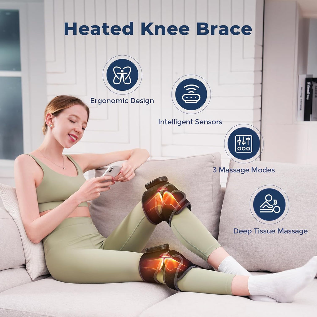 Cordless Heated Knee Massager, 3-In-1 Knee Heating Pad, Black 1PC | 3 Vibration Mode and 3 Heating Levels, Auto-Off Timer, Electric Knee Brace for Knee Shoulder Elbow, Ideal Gifts for Men Women