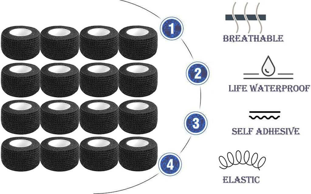 Self Adhesive Bandage Wrap,1 Inch Black Cohesive Bandages, Vet Wrap |  5 Yards 16 Pack Elastic Flexible Tattoo Sports Tape Bulk for First Aid Supplies