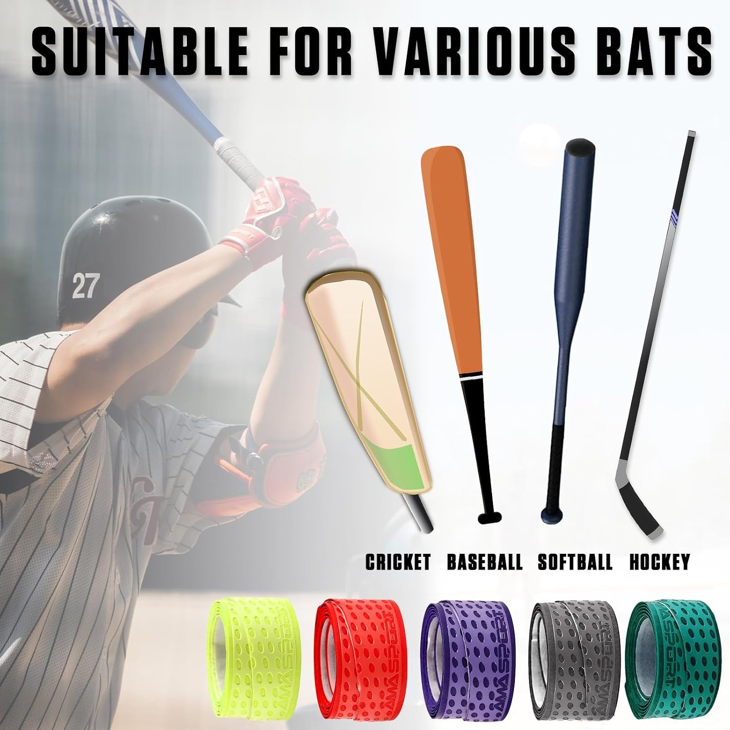 Bat Grip Tape for Baseball & Softball – Non-Slip Baseball Bat Grip Tape, 1.1Mm Thickness, Stylish Color & Pattern Design