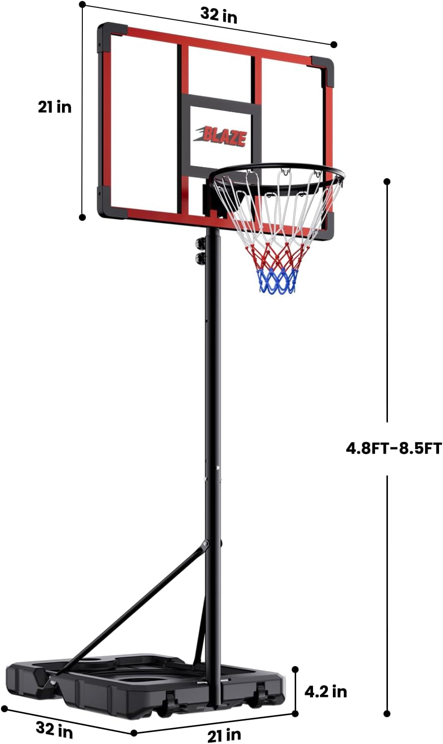 Portable Basketball Hoop for Kids & Teens, 4.1–8.5FT Adjustable Height, 32'' Shatterproof Backboard, Fillable Base with Weight Bag, Outdoor Goal for Backyard & Driveway