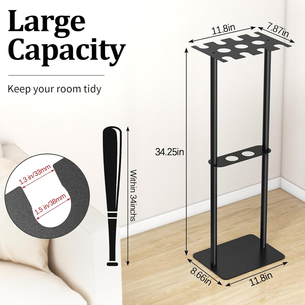 Baseball Bat Holder Stand, 8 Bats 5 Balls Softball Bat Display, Black | Free Standing, Baseball Storage Display, Living Room, Bedroom, Warehouse