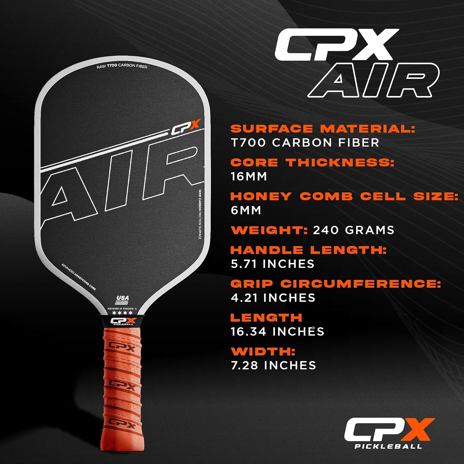 CPX Pro Carbon Fiber Pickleball Paddle - Professional Grade, Matte Finish, Honeycomb Core, Tennis Style Grip - Edgeless Paddle Designed in Chicago, USA