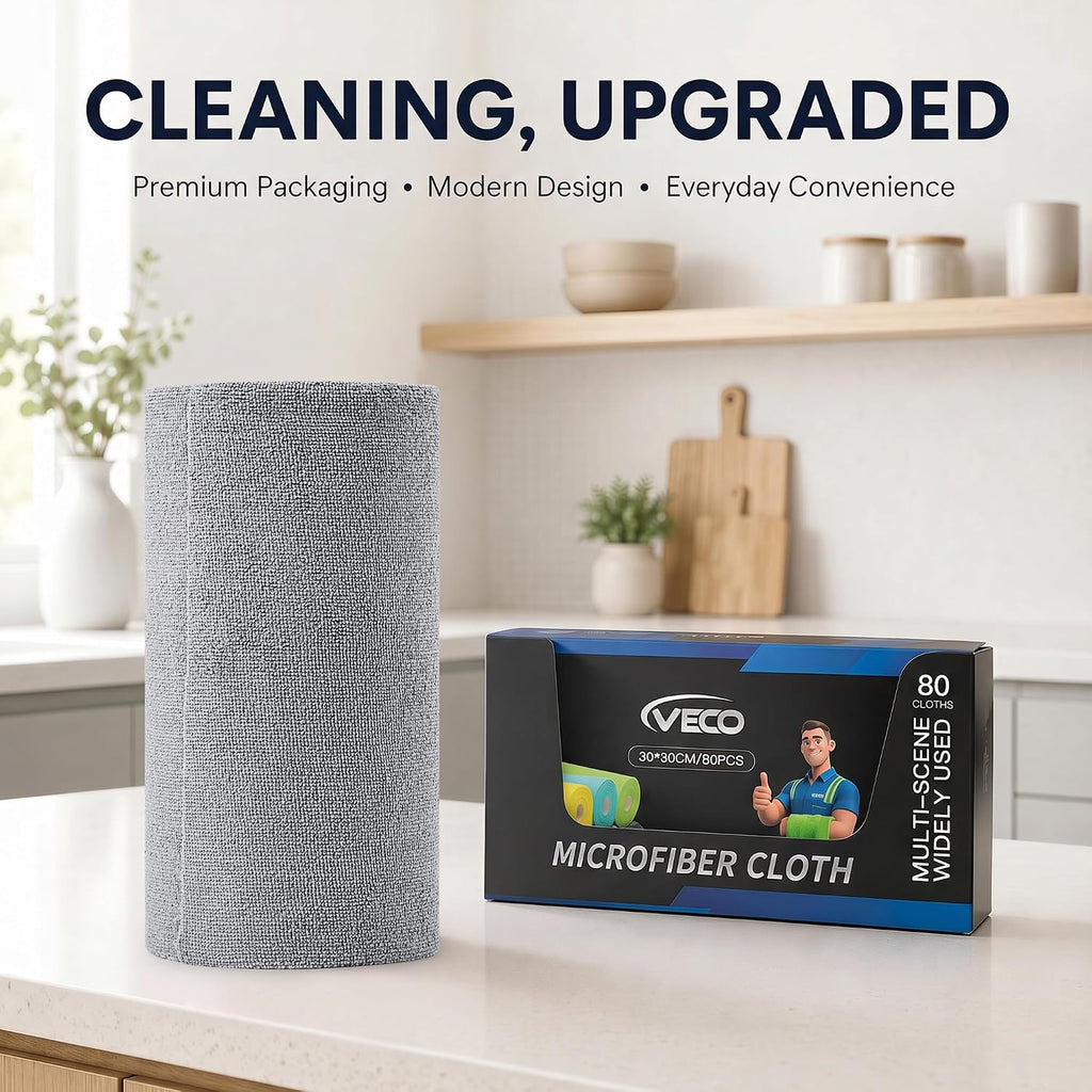 Microfiber Cleaning Cloth Roll 80 PCS Gray, 12" X 12" | Lint-Free, Streak-Free, Tear Away Reusable Microfiber Towels, Cleaning Rags for Kitchen, Car & Home