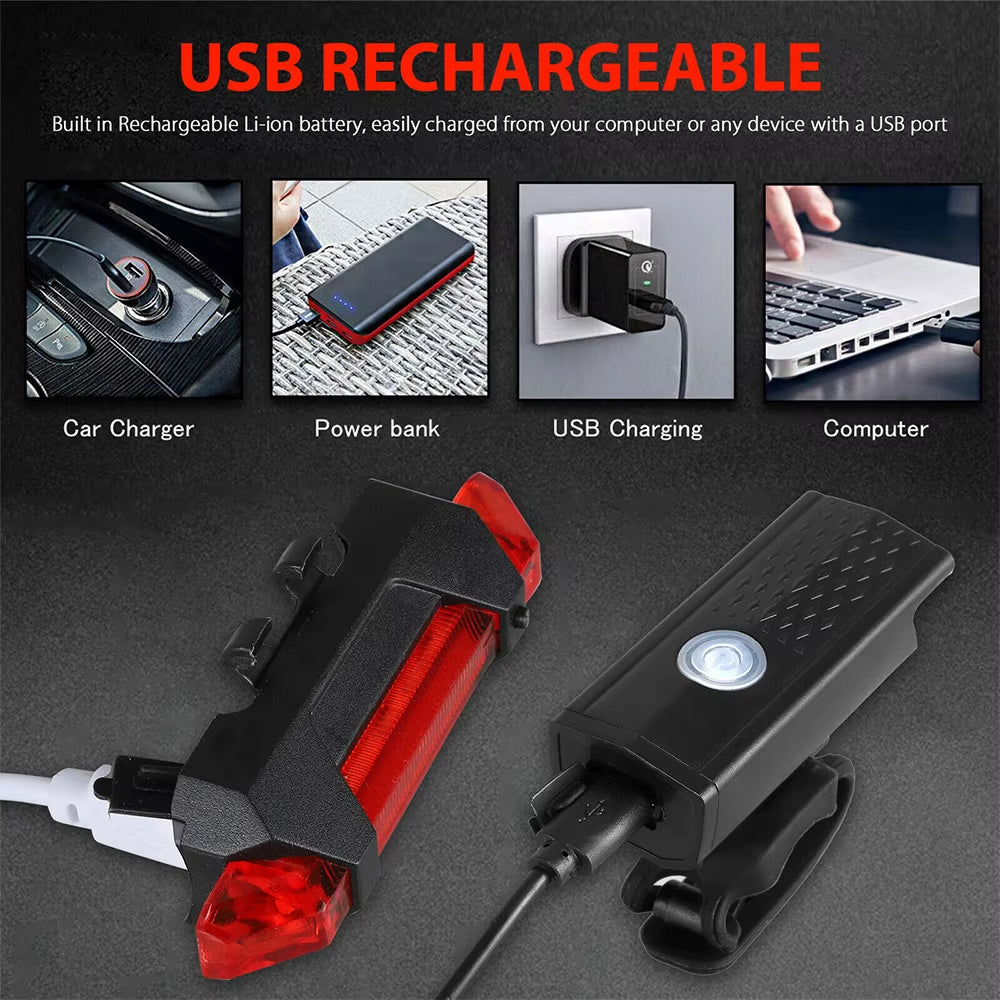 MTB Bike Lights Set USB LED Rechargeable Waterproof Mountain Bike Headlight Bicycle Light Front Warning Cycling Accessorie