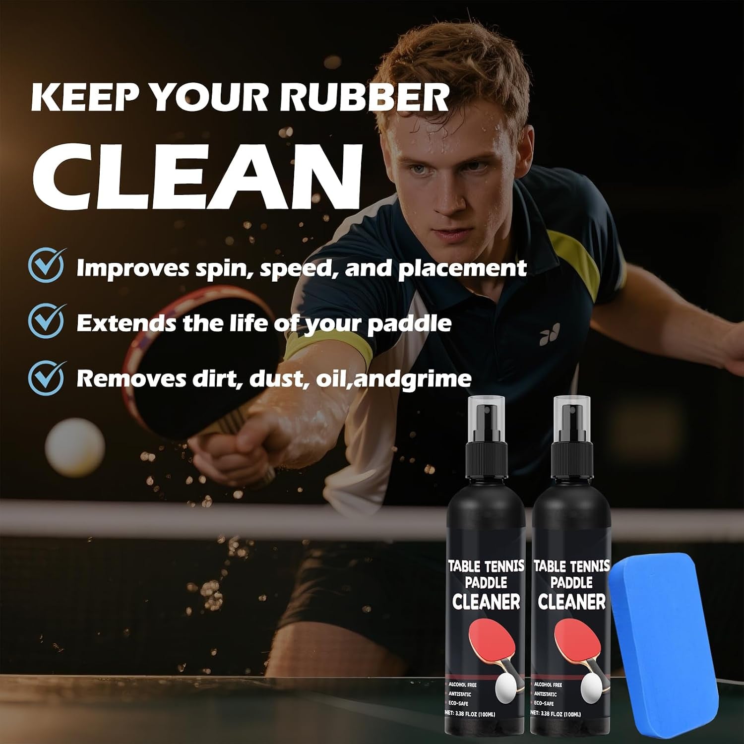 200Ml Table Tennis Paddle Cleaner Spray and Table Tennis Rubber Cleaner Sponge - Strips Impacted Residue and Increases Spin and Control - Transparent | 2 Sprays & Sponge, Cleans Dirt & Grease, Extends Rubber Life, Increases Spin and Control,Simple Application,Ideal for Players