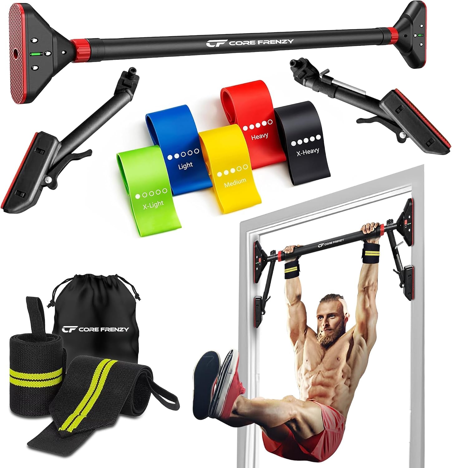 Doorway Pull up Bar, No Screws or Drilling, Holds 880 Lb, Chin up Bar with 5 Resistance Bands, 2 Wrist Wraps and Carry Bag, 4-Point Locking, Adjustable Width Home Gym Bar for Upper Body Workout