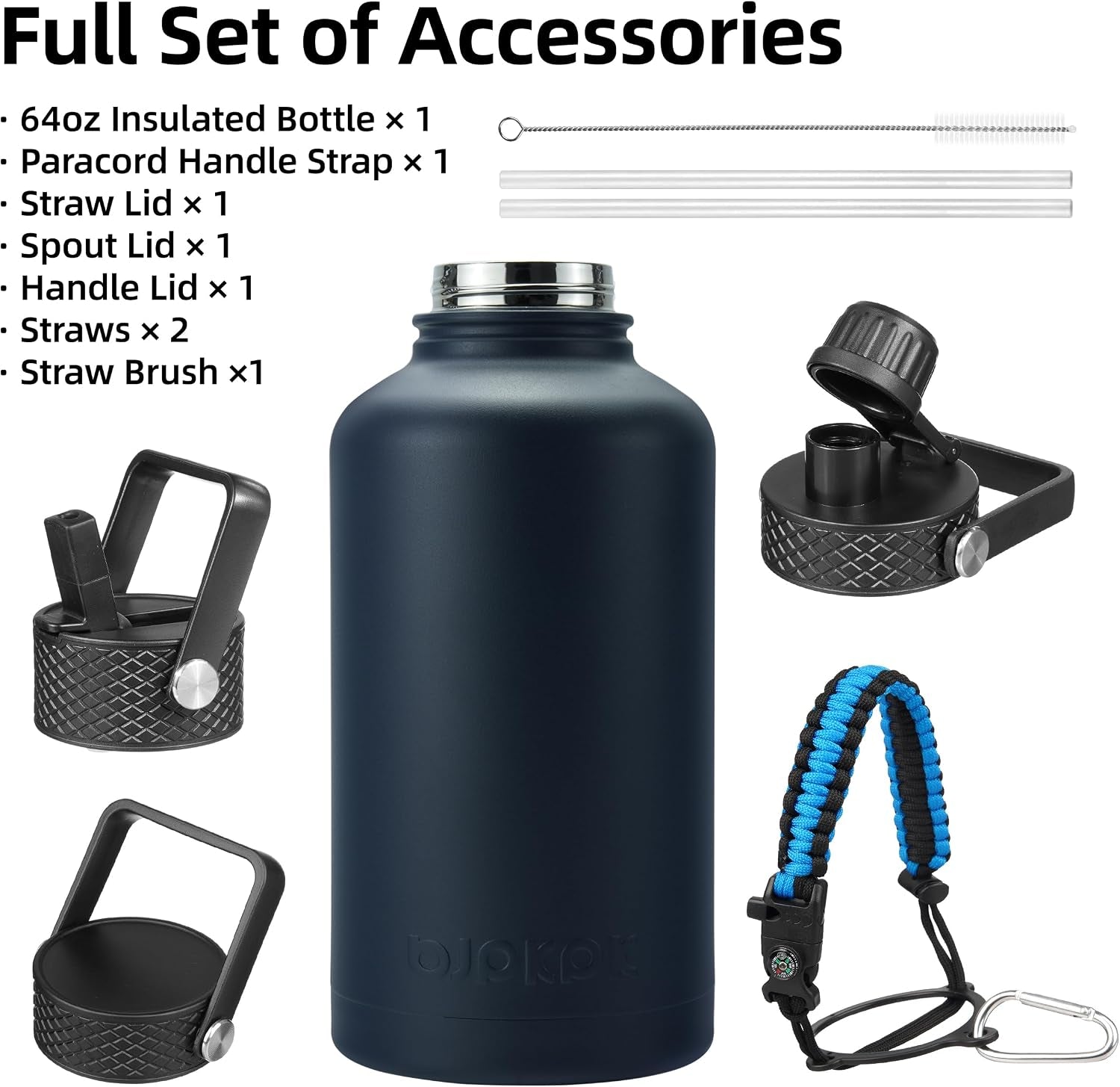 64Oz Insulated Water Bottle, Half Gallon Water Jug with Straw Lid | Large Stainless Steel Vacuum Jug, Keep Cold & Hot, Bpa-Free Leak-Proof with 3 Lids, Paracord Handle, for Sports Hiking Travel