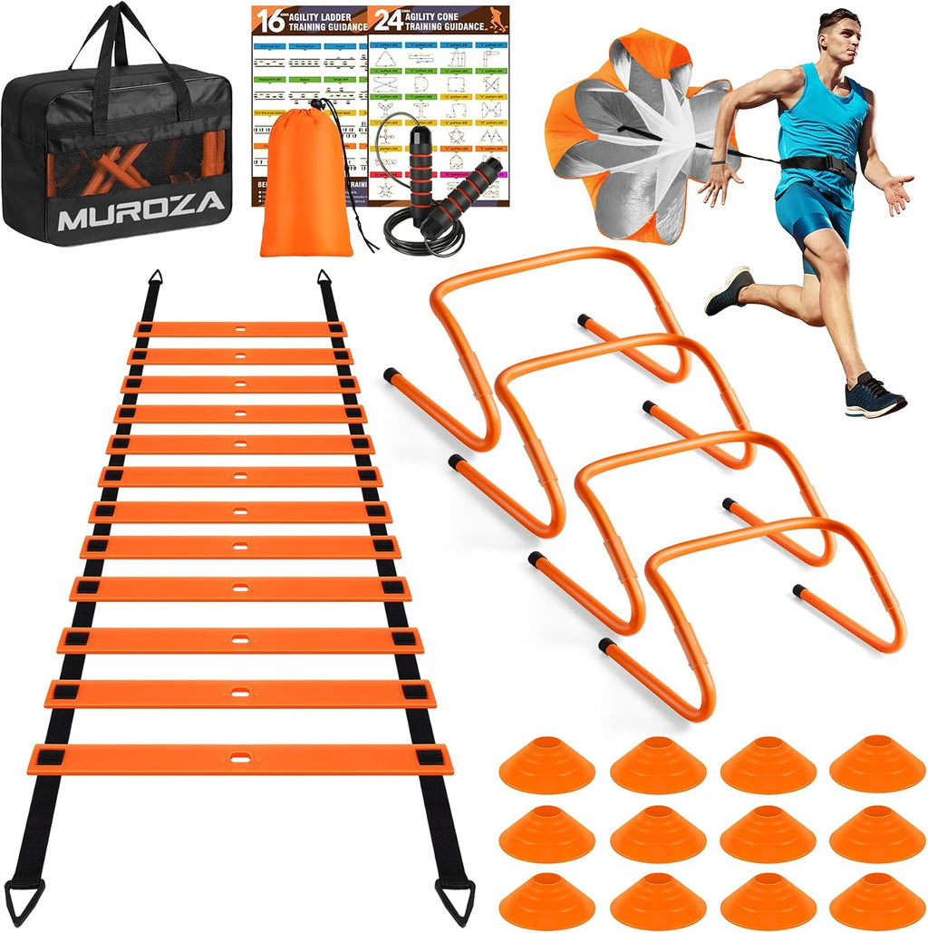 Agility Ladder, Agility Speed Training Equipment Set, 20Ft Speed Ladder | 4 Hurdles, 12 Soccer Cones, Jump Rope, Running Parachute, Soccer Football Basketball Training Equipment Accessories