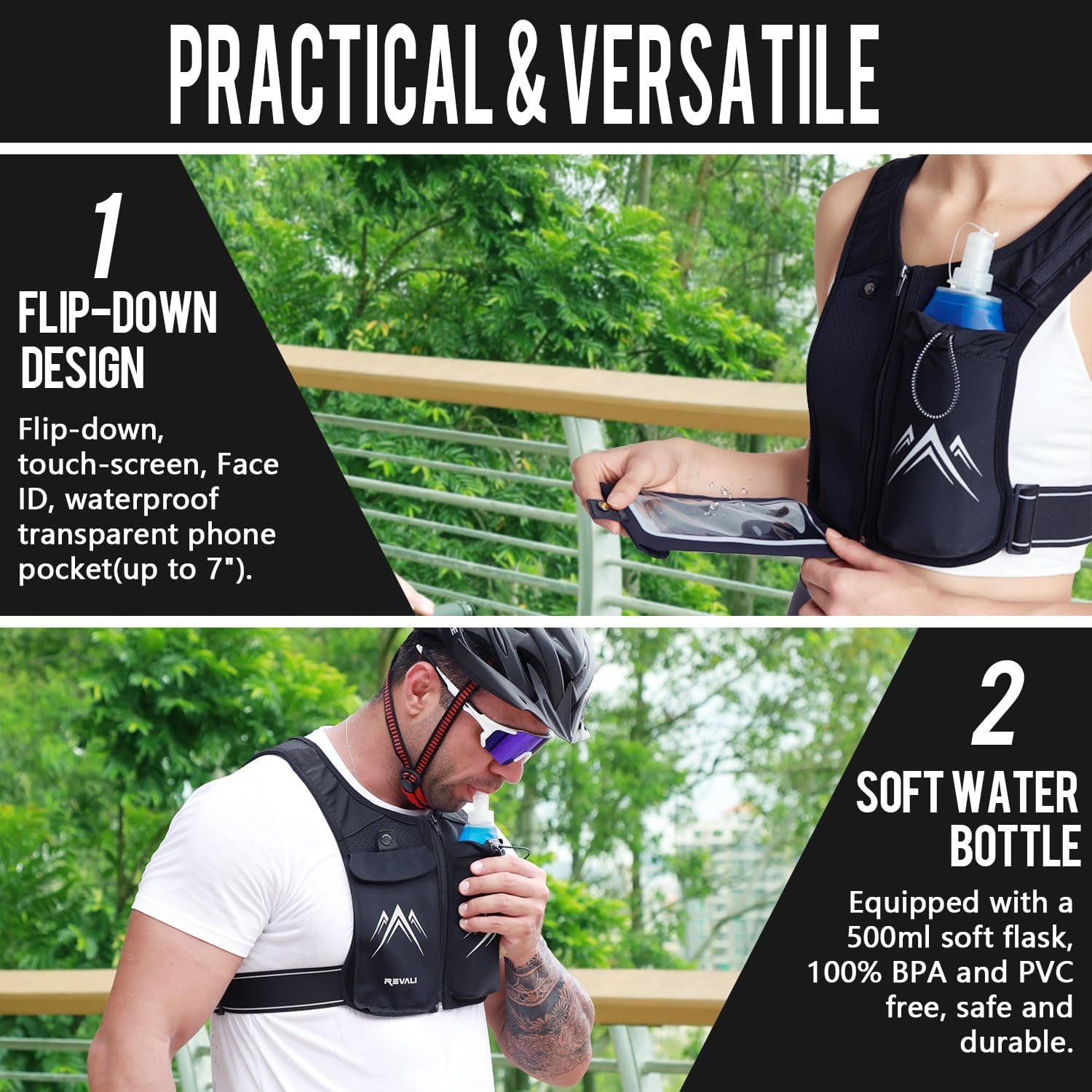 Running Vest, USA Original Patent, Zip Reflective Running Vests with 500Ml Hydration Bottle, Adjustable Waistband & Breathable Material, Chest Pack Gear Phone Holder for Men & Women