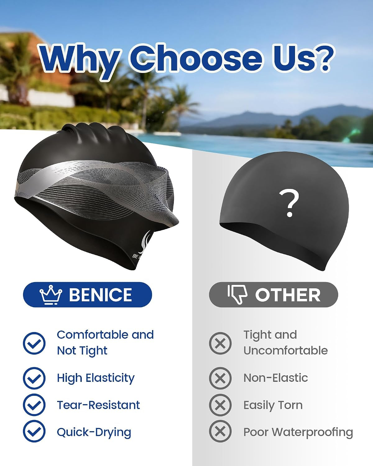 Silicone Swim Cap for Long Hair - X-Large Waterproof Swim Hat for Men Women Adults, Dreadlocks, Braids, Curls & Afros, Black