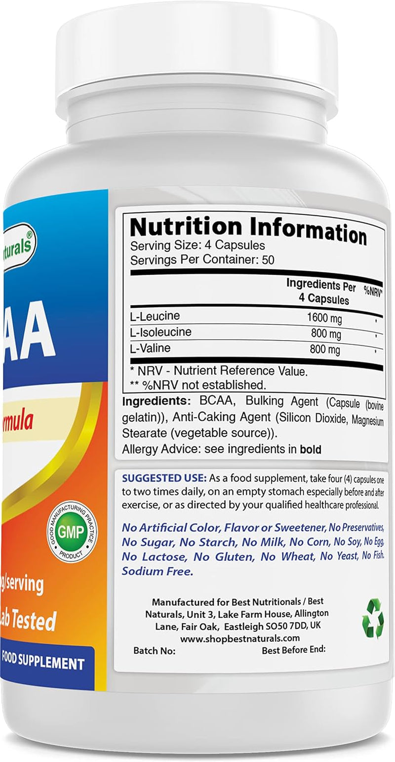 BCAA Branch Chain Amino Acid, 3200Mg per Serving, 200 Capsules - Pharmaceutical Grade - 100% Pure Instantized Formula | Pre/Post Workout Bodybuilding Supplement | Boost Muscle Growth