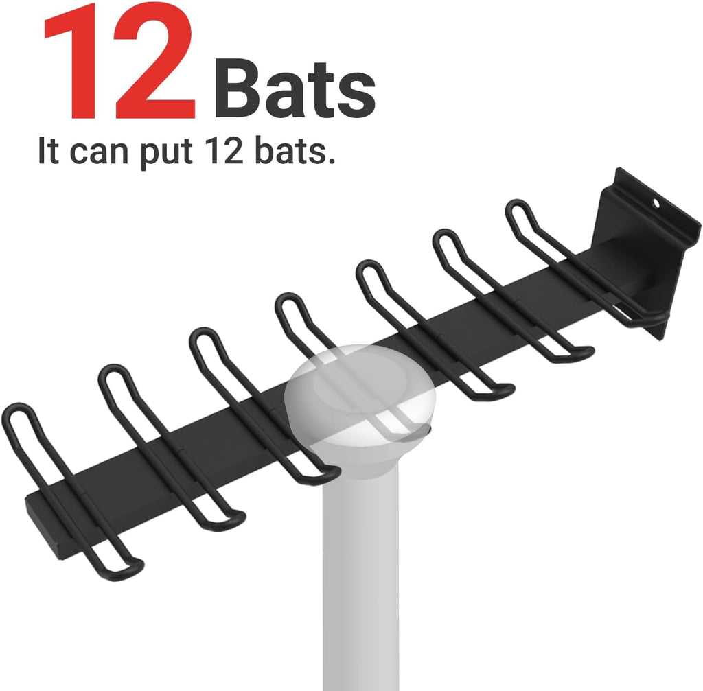 Baseball Bat Holder to Hold 6, 8, 12 Bats, Sports Softball Bat Slatwall Storage Vertical Display Rack, Slatwall Accessories (12 Bats Holder - 2 Pack, Black)