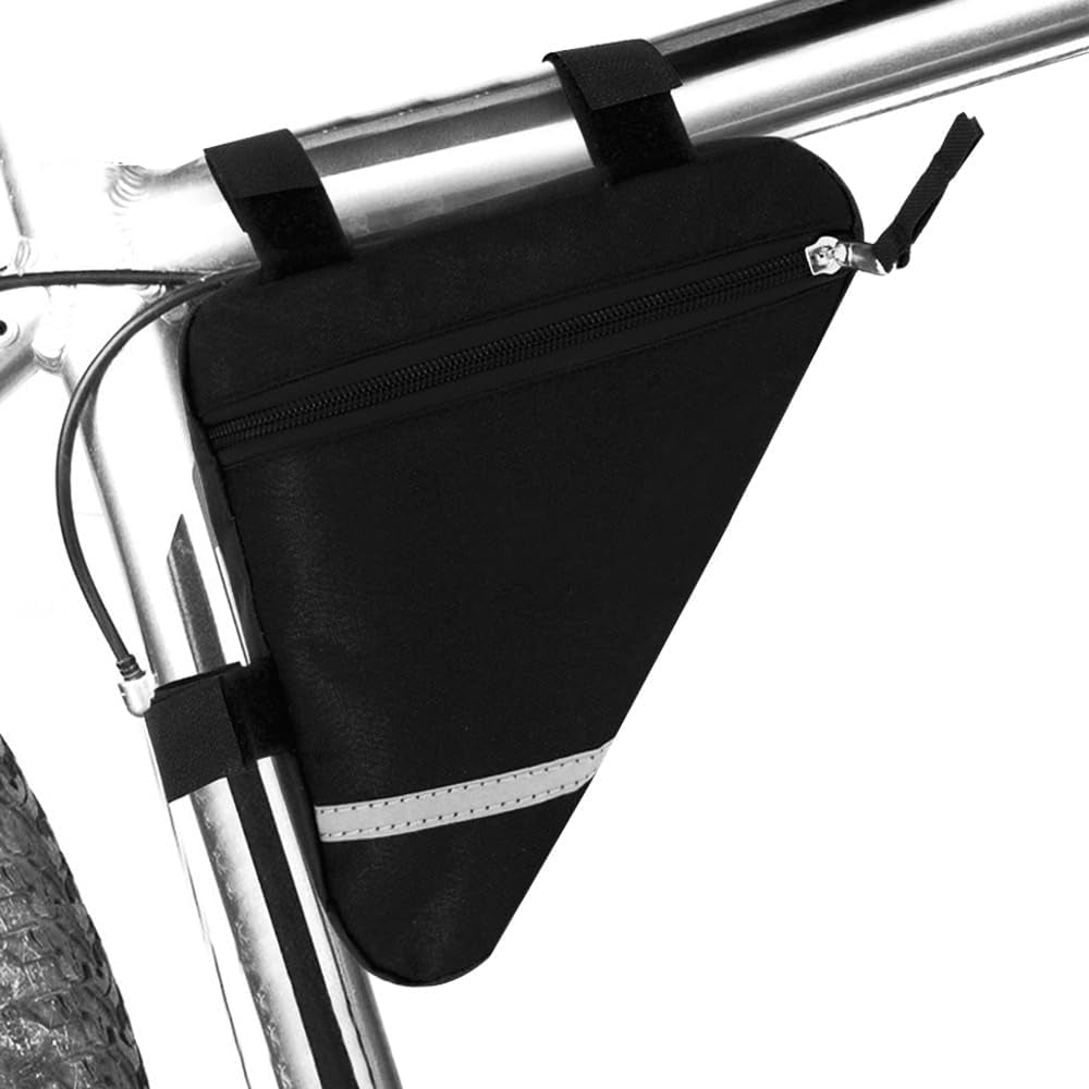 2 Pieces Bike Triangle Bag, Bicycle Front Frame Triangle Bag (Black) | Waterproof Nylon Cycling Triangle Storage Bag with Double-Sided Reflective Decoration, for MTB Road Bike