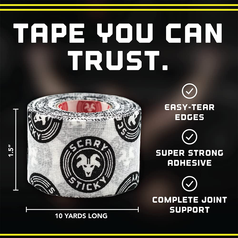Scary Sticky Premium Athletic Tape, Ultra-Sticky Thumb, Finger &amp; Wrist Tape for Weightlifting, Hook Grip &amp; Cross Workout, Cotton, Latex-Free, 10 Yards, White &amp; Black, 1 Roll