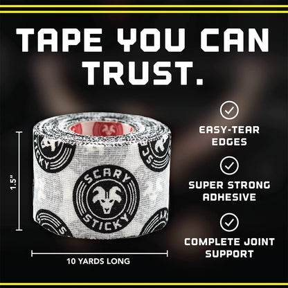 Scary Sticky Premium Athletic Tape, Ultra-Sticky Thumb, Finger &amp; Wrist Tape for Weightlifting, Hook Grip &amp; Cross Workout, Cotton, Latex-Free, 10 Yards, White &amp; Black, 1 Roll
