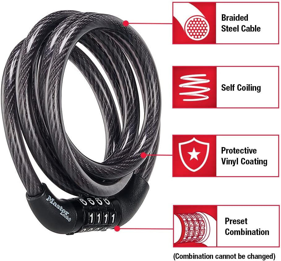 Black Set Preset Combination Bike Lock, Metal Cable Lock Has a Weather Resistant Vinyl Coating for Outdoor Equipment, Bicycles, 4 Feet Long, Pack of 2, 8143T