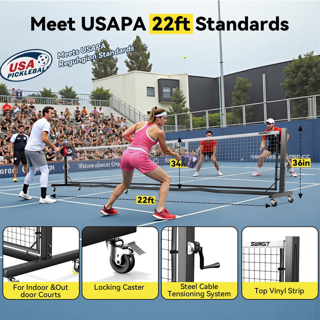 Pro Pickleball Net with Wheels, Hand Crank Tension System, 22Ft Tournament IFP Regulation Size, Heavy Duty Frame, Anti-Sag, Locking Wheels, Perfect for Outdoor Court & Indoor Gym