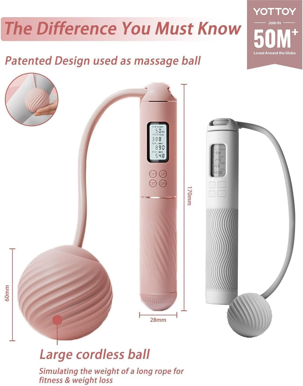 Skipping Ropes for Adults -Cordless Counter Jump Rope with Large Cordless Ball-Weighted Jump Rope for Women with LCD Display