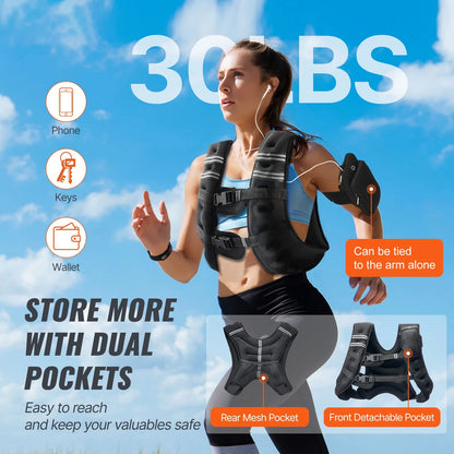 Weighted Vest, 30 Lbs Adjustable with Safety Reflective Stripes, Secure Buckle Closure, Ideal for Men and Women, Enhances Workouts Including Strength Training, Running, and Fitness Activities