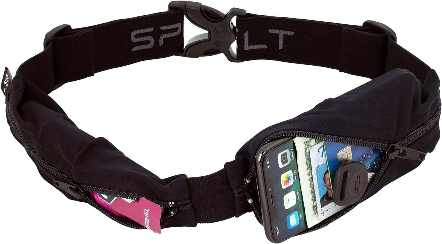 Dual Pocket Pro Running Belt for Men Women, Expandable Pockets, Adjustable Waist, No Bounce, Black with Black Zipper