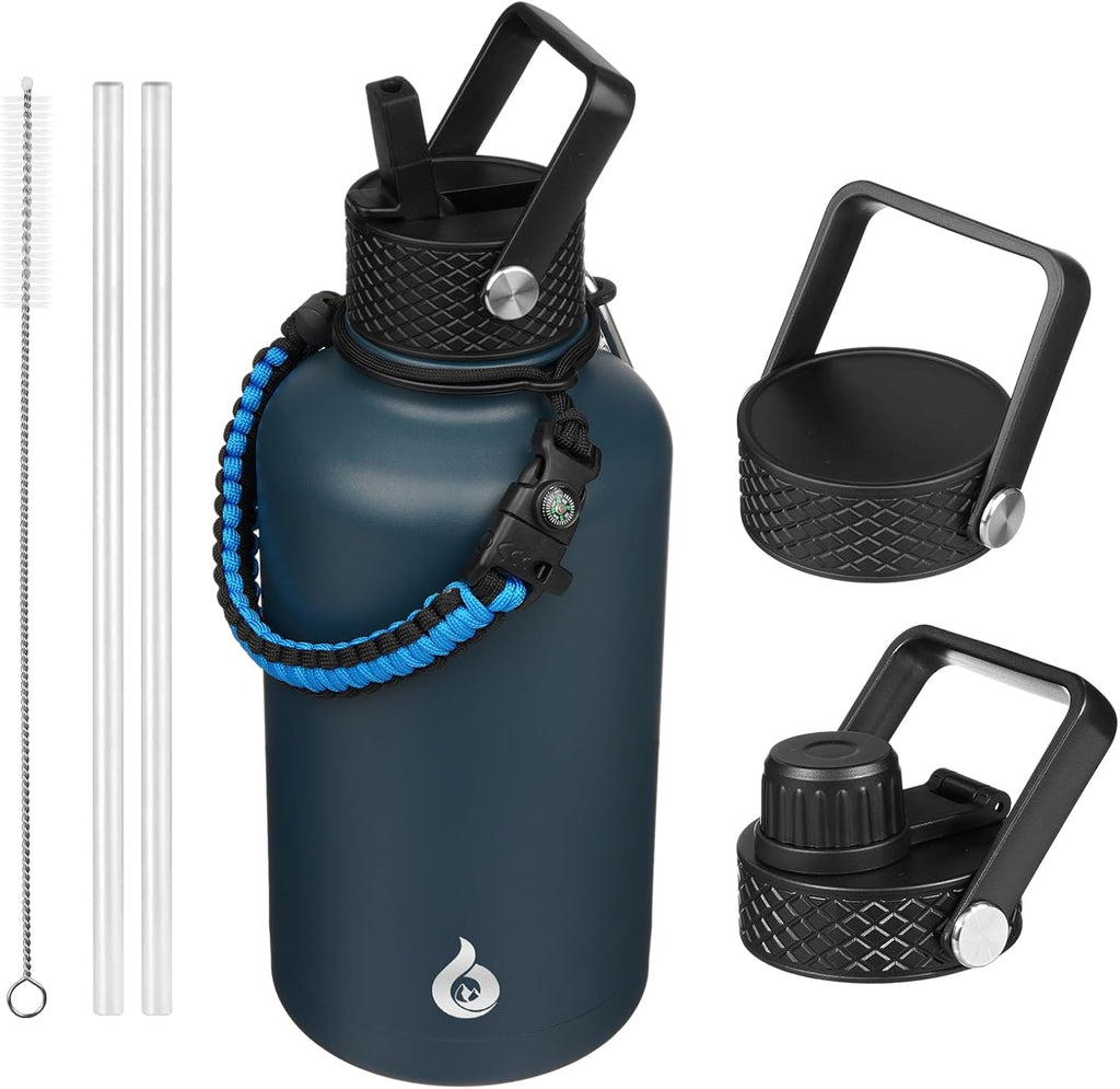 64Oz Insulated Water Bottle, Half Gallon Water Jug with Straw Lid | Large Stainless Steel Vacuum Jug, Keep Cold & Hot, Bpa-Free Leak-Proof with 3 Lids, Paracord Handle, for Sports Hiking Travel