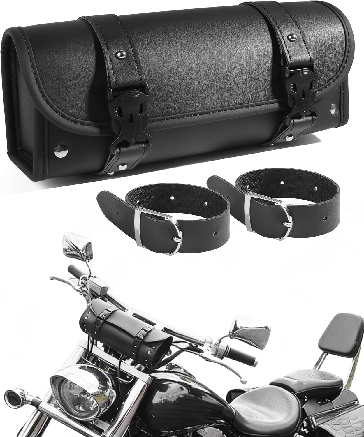 Motorcycle Handlebar Bag,Car Accessories PU Leather Motorcycle Tool Bag,Autobikes Side Bags with Straps,Powersports Saddle Bags Sissy Bar Storage Tool Saddlebags,Suitable for Most Autobikes