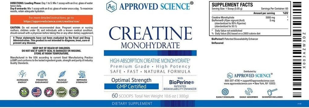 Approved Science Creatine Monohydrate Powder with Bioperine - Supports Lean Musc