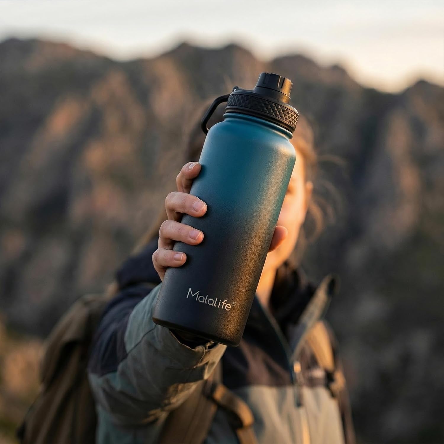 Water Bottle, BPA Free Insulated Stainless Steel, 32Oz, Dual Lids, Keep Cold 24H, Large Flask, Wide Mouth, Double Wall Metal Sport Drink Bottle, Hiking, Gym, Camping, Deep Teal & Onyx
