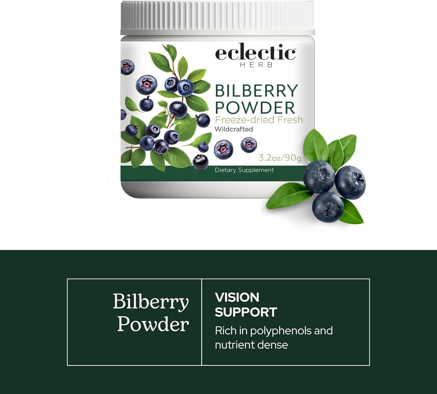 Eclectic Herb - Bilberry Powder Supplement | Vision Health, Cardiovascular Support & Circulation | Superfood Vitamin & Mineral Supplement | Freeze Dried, Vegan, Non-Gmo, Gluten Free (3.2 Oz | 90 G)