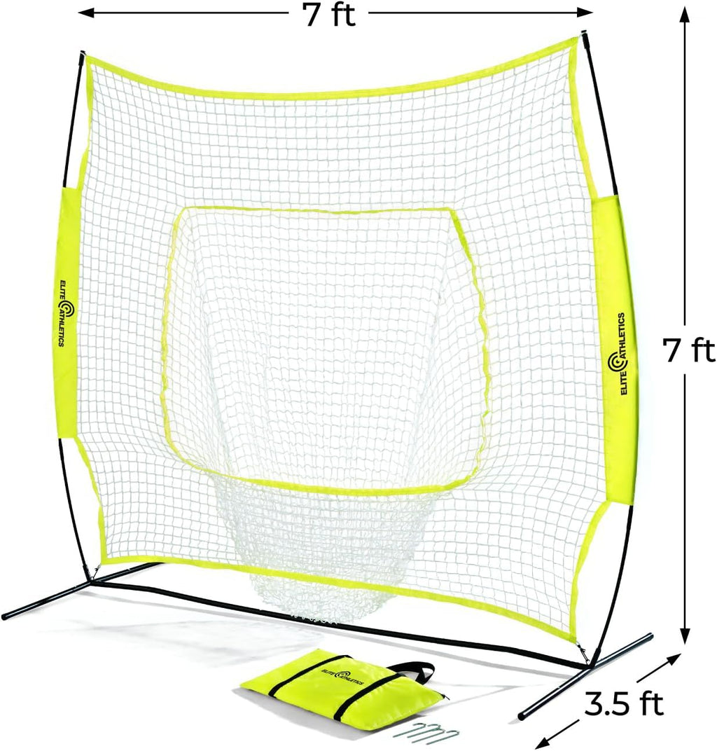 7X7 Ft Baseball and Softball Practice Net with Bow Frame | Includes Strike Zone Target and Carry Case. Bow Frame Sets up Fast for Hitting and Pitching Practice in the Yard or Field.