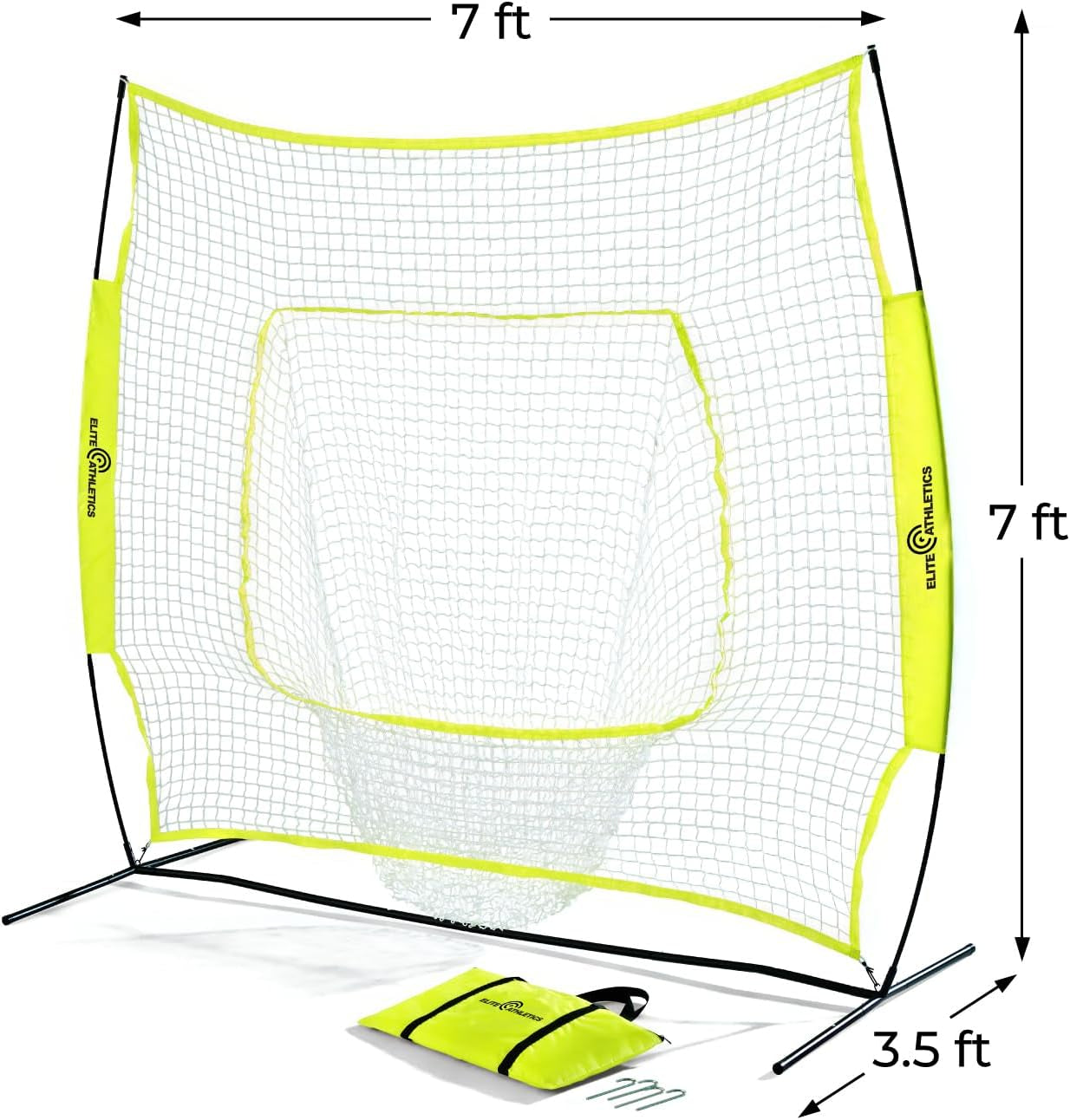 7X7 Ft Baseball and Softball Practice Net with Bow Frame | Includes Strike Zone Target and Carry Case. Bow Frame Sets up Fast for Hitting and Pitching Practice in the Yard or Field.