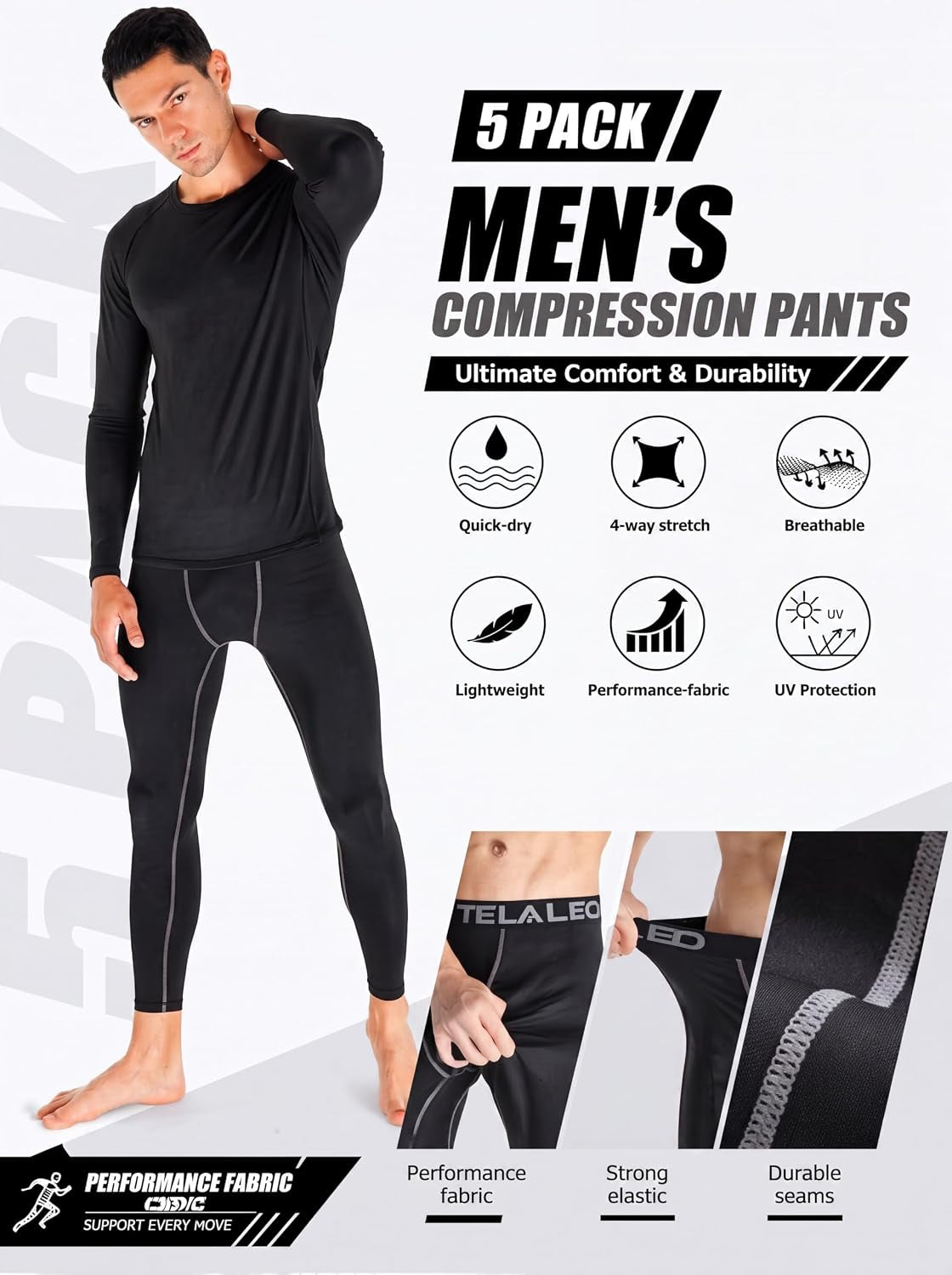 5 Pack Men'S Compression Pants Performance Leggings Tights Baselayer | Moisture Wicking, Lightweight, Tagless, Quick Dry, 4 Way Stretch, Elastic Fabric, Workout, Fitness, Gym, Running, Basketball