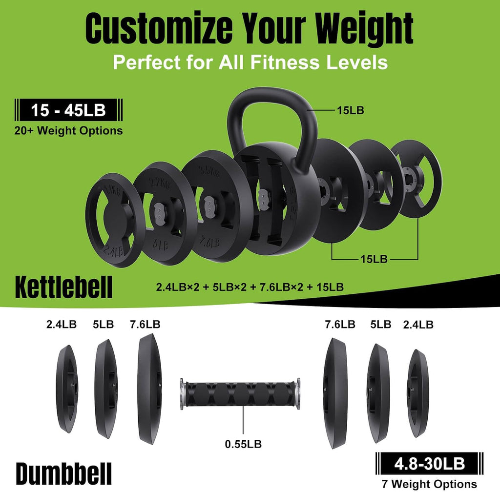 2-In-1 Adjustable Kettlebell for Home Gym Strength Training | 15-45 LB Kettlebells Weight Set, 4.8-30 LB Dumbbell Weights, with Wide Grip, for Men/Women Full Body Exercise