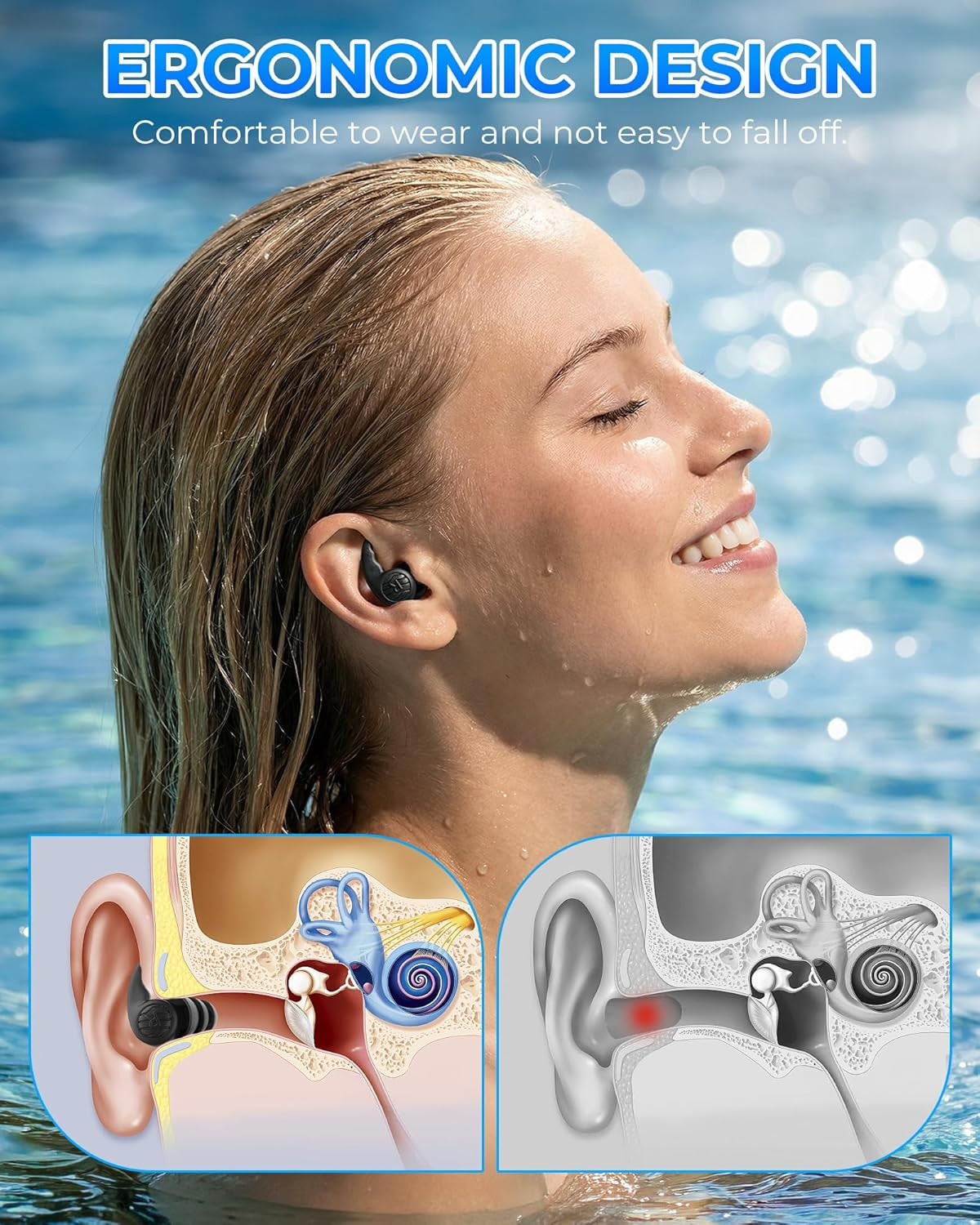 3 Pairs Swimming Earplugs Waterproof Silicone Ear Plugs for Swimming Surfing Shower Kayaking, Water Out Sound in Comfortable Reusable Ear Protection for Adults Teens with Storage Case, Black Gray Blue