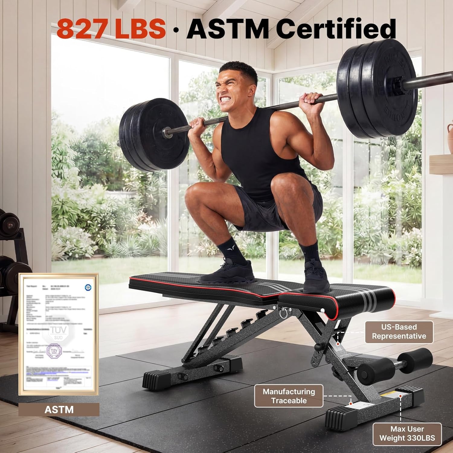 Adjustable Weight Bench for Home Gym, Astm-Certified 827LBS, 98% Pre-Assembled, Foldable Gym Bench with 84 Positions Incline Decline Flat, Wider Seat