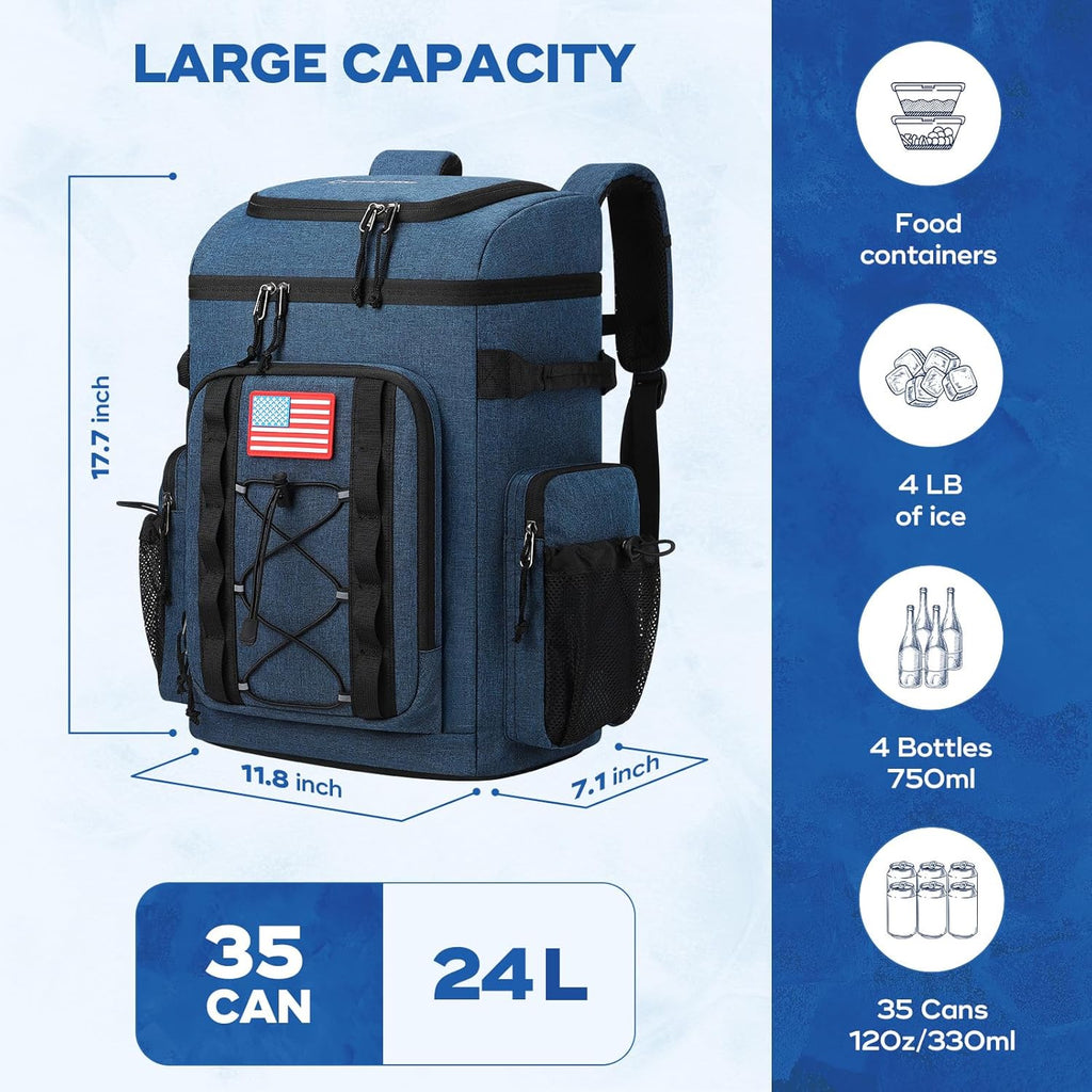 35/50 Can Insulated Backpack Cooler, Leakproof Soft Lunch Ice Bag | Keeps Food Cold for 16H, Peva Liner, Durable Nylon, Ergonomic Padding. Perfect for Men, Women, Camping, Beach, Hiking, Travel