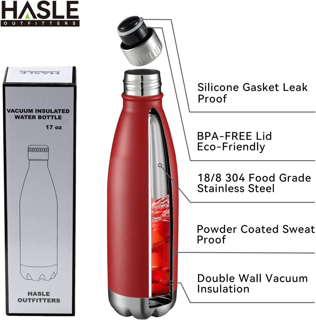 17Oz Stainless Steel Water Bottles Bulk, Vacuum Insulated Double Walled Powder Coated Reusable Metal Sports Water Bottles Keep Drinks Hot and Cold, Red, 4Packs