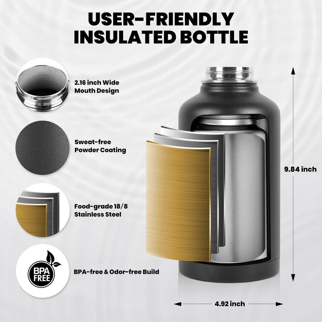 Insulated Water Bottle 64 Oz, Triple Wall Vacuum Stainless Steel | (Cold for 48 Hrs), Leak Proof & Non-Bpa, Half Gallon Water Flask Jug with Paracord Handle & Straw Spout Lids