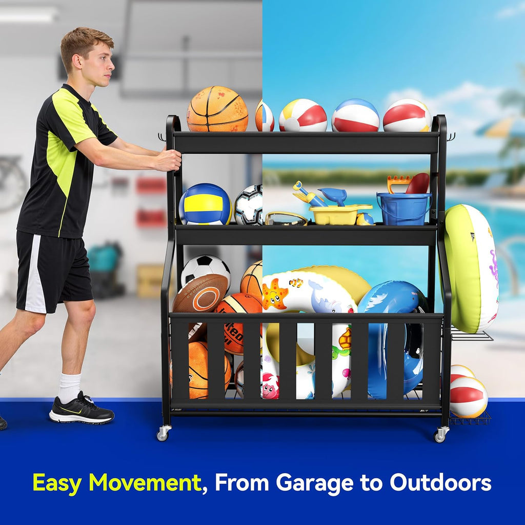 Sports Equipment Organizer, Large Capacity Garage Ball Storage Rack | Heavy-Duty Rolling Ball Cart with Locking Wheels for Basketball, Soccer & Sports Gear