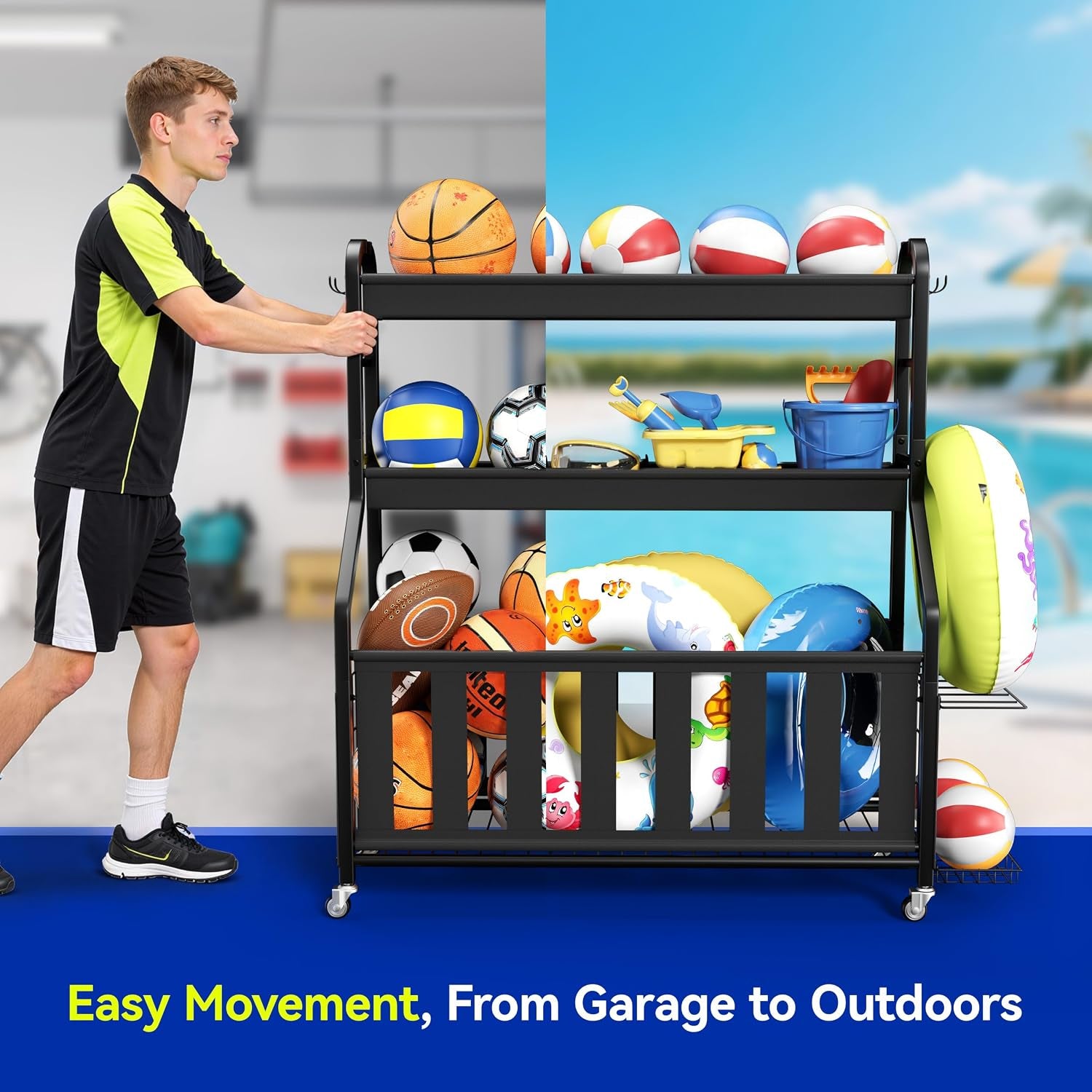 Sports Equipment Organizer, Large Capacity Garage Ball Storage Rack | Heavy-Duty Rolling Ball Cart with Locking Wheels for Basketball, Soccer & Sports Gear