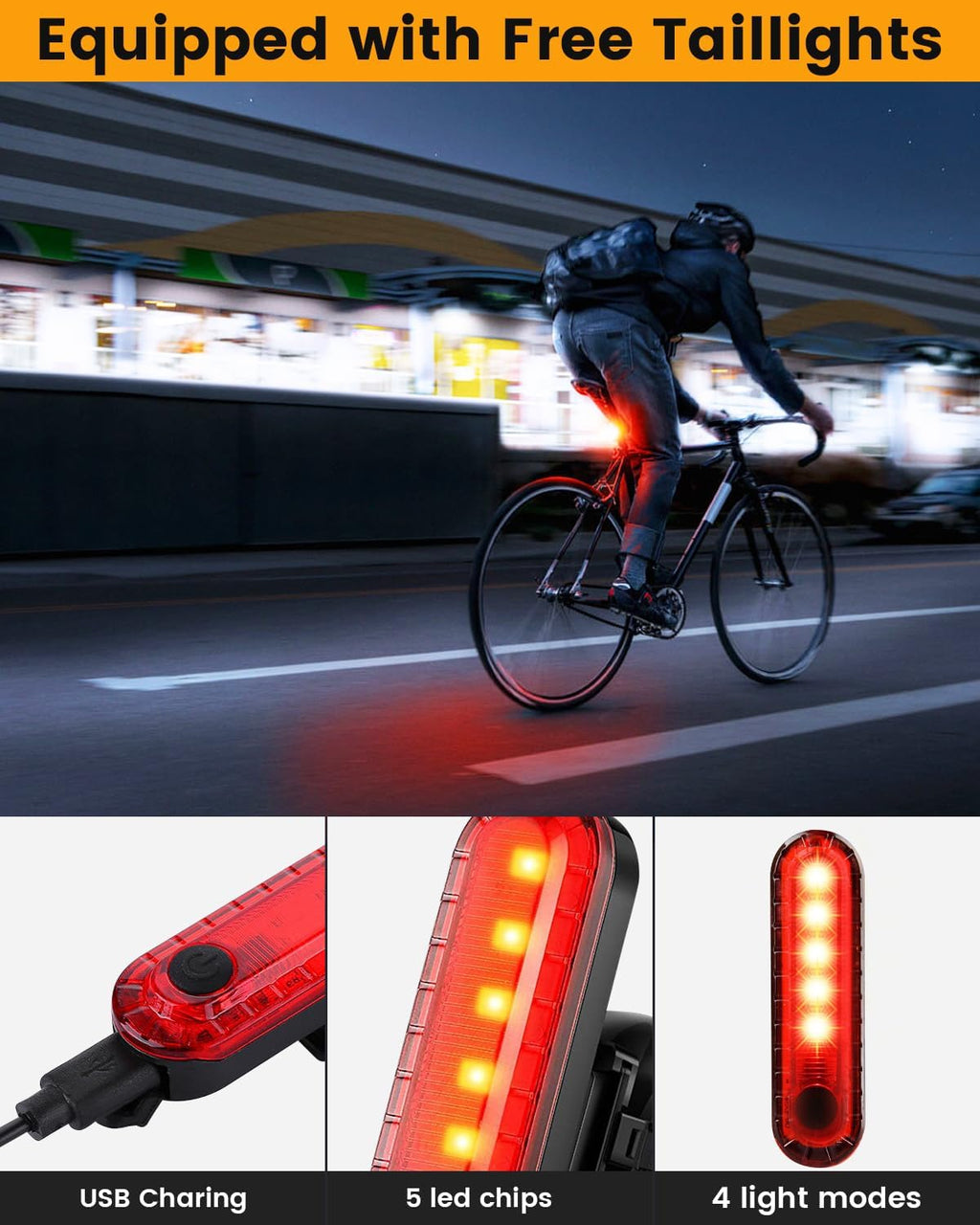 Bright Bike Light for Night Riding, USB Rechargeable Bicycle Light, Bicycle Headlight Set, Daytime Running Light, Waterproof Bike Headlight and Taillight for Adult Kid Mountain MTB Off-Road Cycling